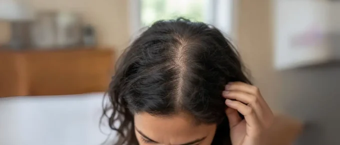 A close-up, top-down shot of a woman's scalp, showing significant hair thinning along the central part and receding hairline at the temples. The image visually represents the key symptoms of female pattern baldness.