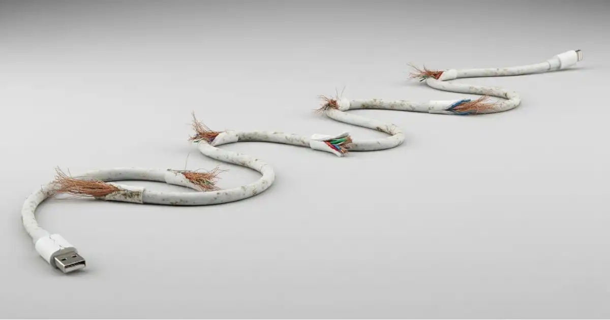 The cable is old, kinked, and discolored, with visible cracks and damage on the plastic near the connectors, indicating significant wear and tear.