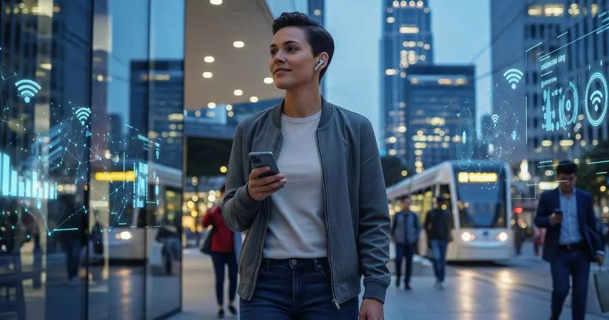 A person walking through a modern, high-tech city environment, holding a smartphone while using wireless earbuds. The scene is enhanced with digital overlays and data visualizations, symbolizing the seamless integration of technology and daily life.