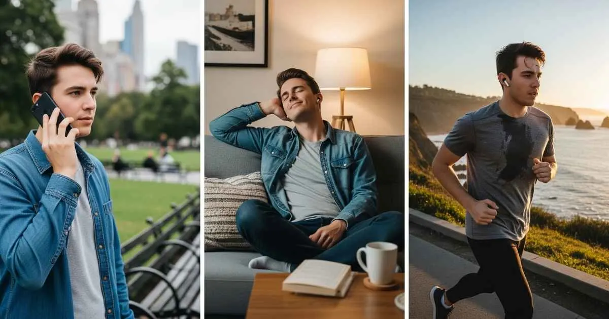 A triptych showing a person using earbuds in three different scenarios: making a phone call in a park, relaxing on a couch at home, and jogging along a coastal path.