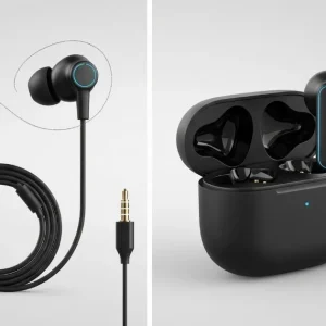 A diptych showing a side-by-side comparison. The left side features a wired earbud with its coiled cable and a headphone jack. The right side shows a matching wireless earbud sitting in its open charging case, with a Wi-Fi symbol hovering above it.