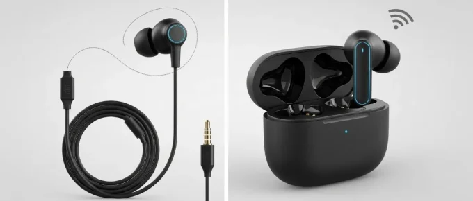 A diptych showing a side-by-side comparison. The left side features a wired earbud with its coiled cable and a headphone jack. The right side shows a matching wireless earbud sitting in its open charging case, with a Wi-Fi symbol hovering above it.