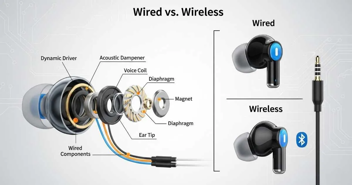 A diptych showing a side-by-side comparison. The left side features a wired earbud with its coiled cable and a headphone jack. The right side shows a matching wireless earbud sitting in its open charging case, with a Wi-Fi symbol hovering above it.