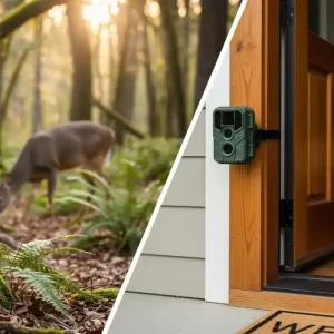 A split image shows a trail camera mounted on a tree in a forest with a deer in the background on one side, and the same camera mounted on a house to monitor a delivery person on the other side.