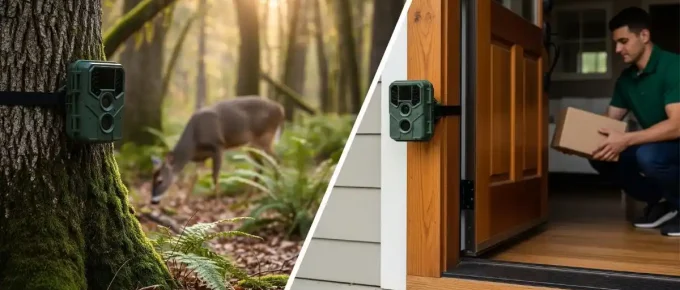 A split image shows a trail camera mounted on a tree in a forest with a deer in the background on one side, and the same camera mounted on a house to monitor a delivery person on the other side.