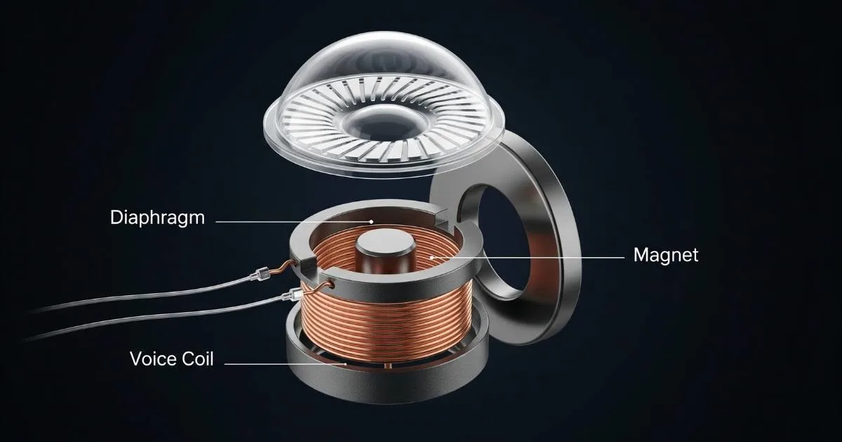 A detailed technical illustration of a sound driver from an earbud, with a cross-section revealing and labeling its three main components: the diaphragm, the voice coil, and the magnet.