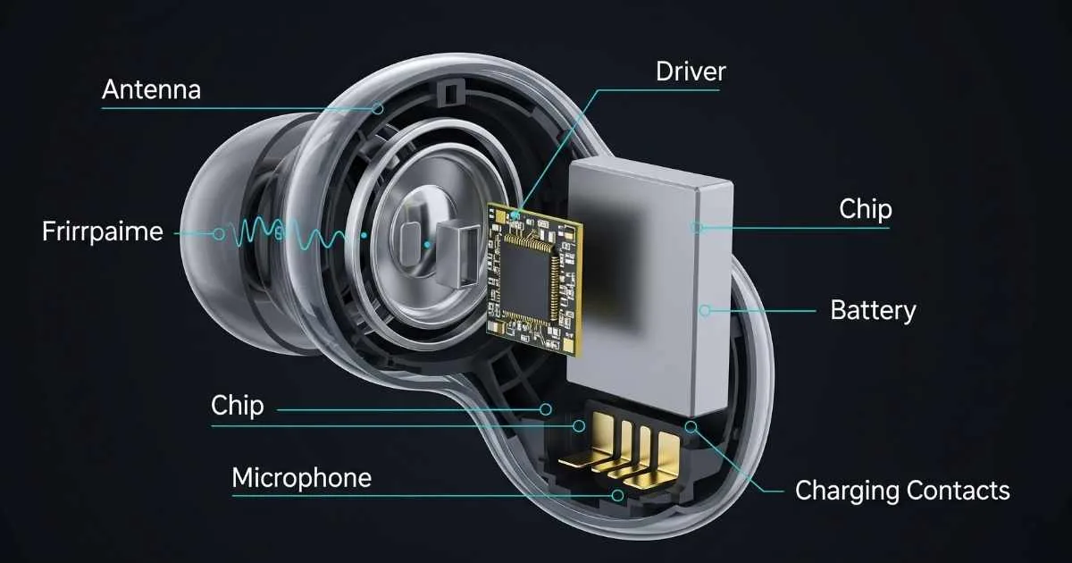 A detailed cross-section diagram of a wireless earbud showing its internal components. Key parts are labeled, including the driver, battery, chip, antenna, microphone, and charging contacts.