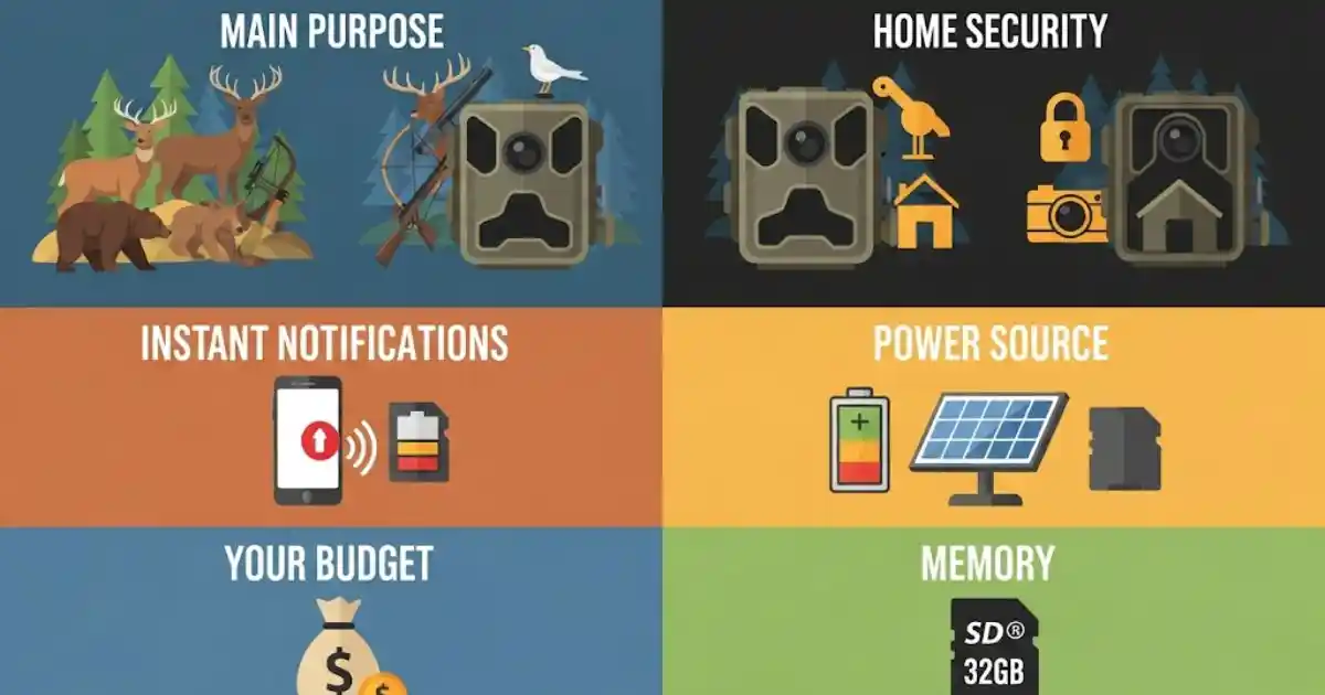An infographic illustrating important factors to consider when purchasing a trail camera, including the main purpose (hunting and security), instant notifications, power source, budget, and memory options.