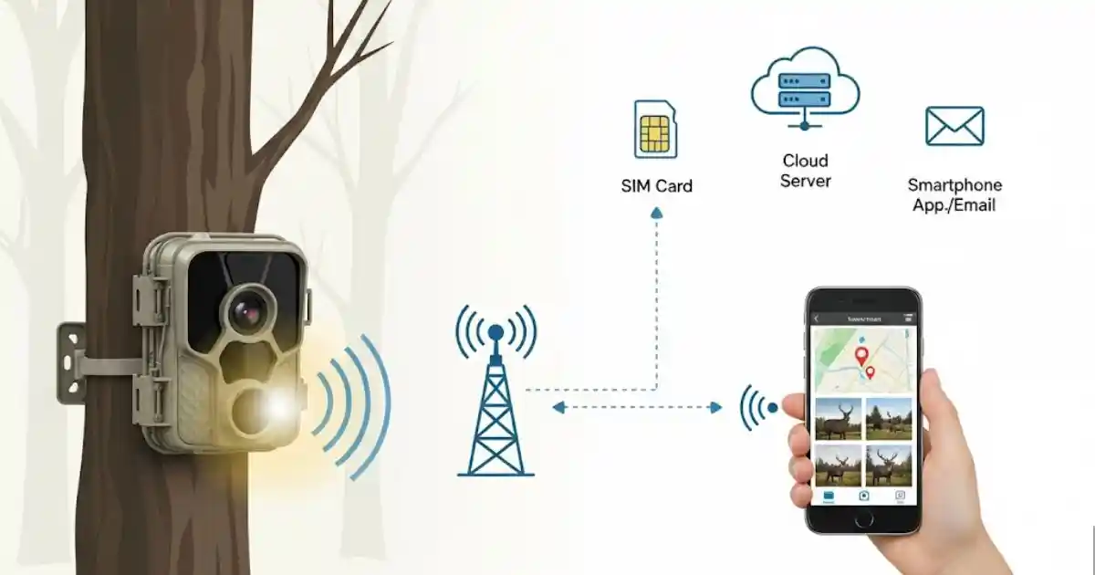 A diagram showing a trail camera transmitting data via a cellular signal, which is then sent to a cloud server and accessed by a smartphone app or email, with a SIM card also visible in the data flow.