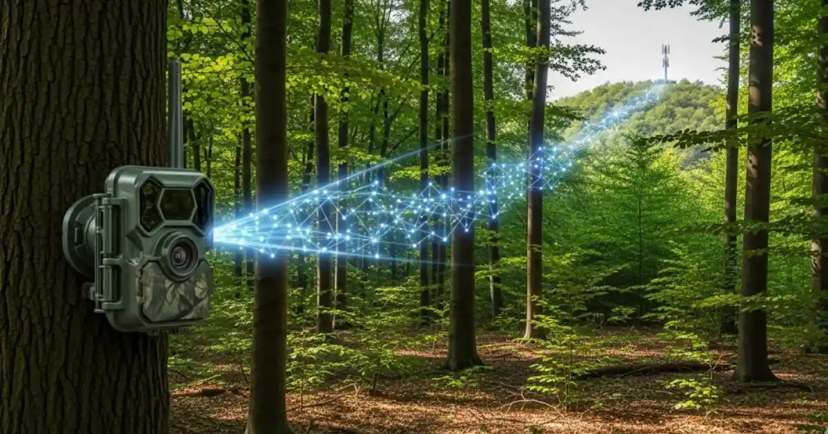 A trail camera mounted on a tree in a forest, with glowing lines representing data transmission from the camera towards a distant cellular tower, illustrating how cellular trail cameras work.