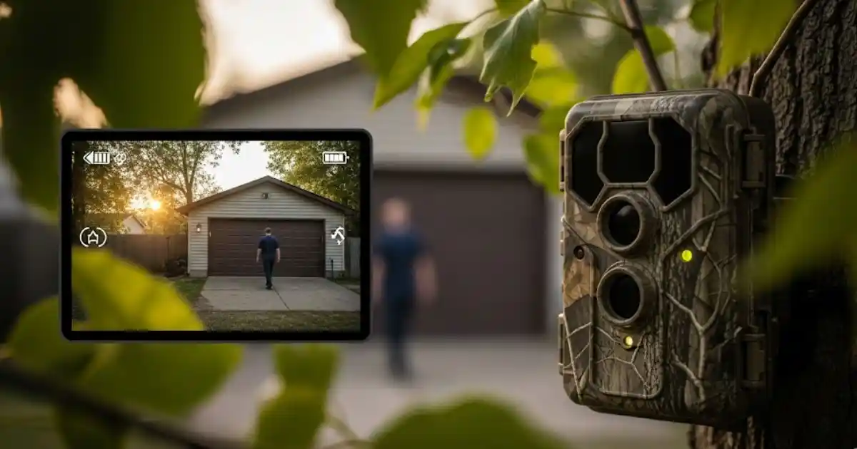 A trail camera mounted on a tree, with its lens pointed toward a suburban home. An inset screen shows a person walking towards the garage, illustrating the camera's use for home security surveillance.