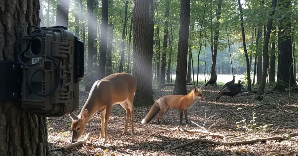 A trail camera mounted on a tree captures a white-tailed deer, a red fox, and two wild turkeys in a sunlit forest clearing, demonstrating its use for wildlife observation.