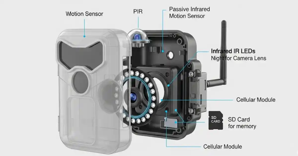 A technical diagram showing the internal parts of a trail camera, including the motion sensor, passive infrared sensor (PIR), infrared LEDs, cellular module, and SD card slot for memory storage.